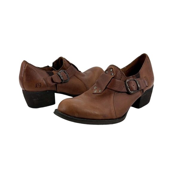 Born Shoes - Born Womens 8.5 Leather Stacked Heel Ankle Boots Brown Buckle Strap Boho Western